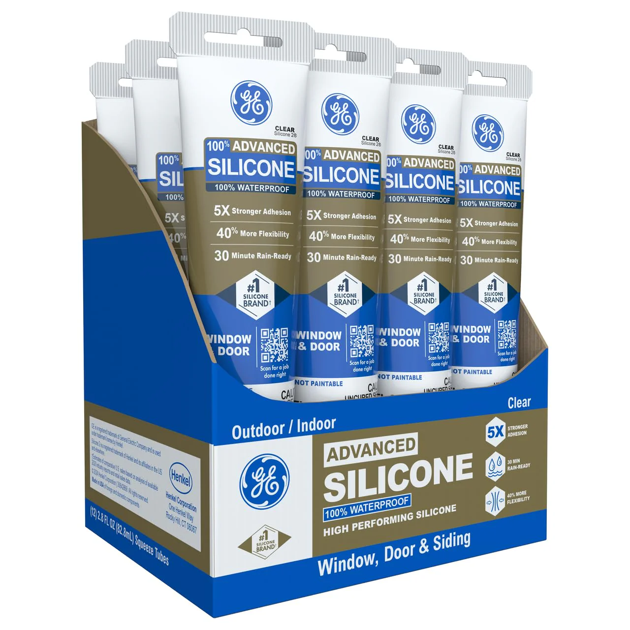 GE Advanced Silicone Caulk for Window & Door, Clear, 2.8 fl oz Tube, 100% Waterproof Silicone Sealant, 5X Stronger Adhesion, Freeze & Sun Proof (Pack of 12)