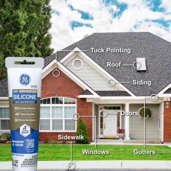 GE Advanced Silicone Caulk for Window & Door, Clear, 2.8 fl oz Tube, 100% Waterproof Silicone Sealant, 5X Stronger Adhesion, Freeze & Sun Proof (Pack of 12) - Image 6