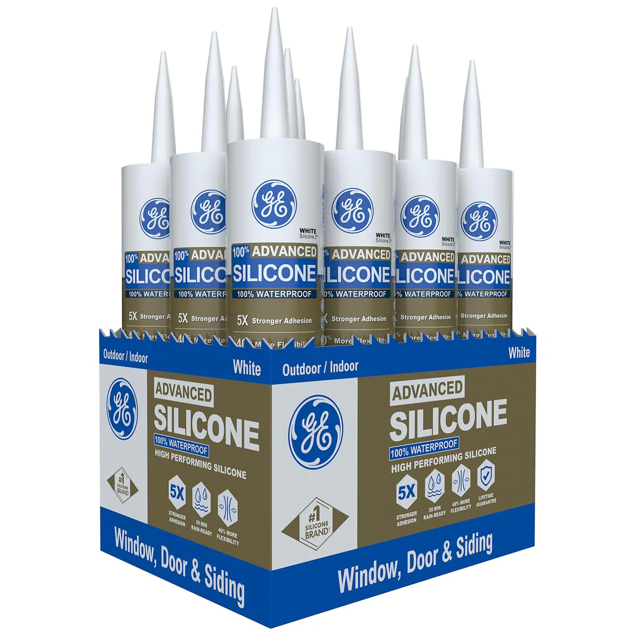GE Advanced Silicone Caulk for Window & Door, White, 10 fl oz Cartridge - 100% Waterproof Silicone Sealant, 5X Stronger Adhesion, Shrink & Crack Resistant (Pack of 12)