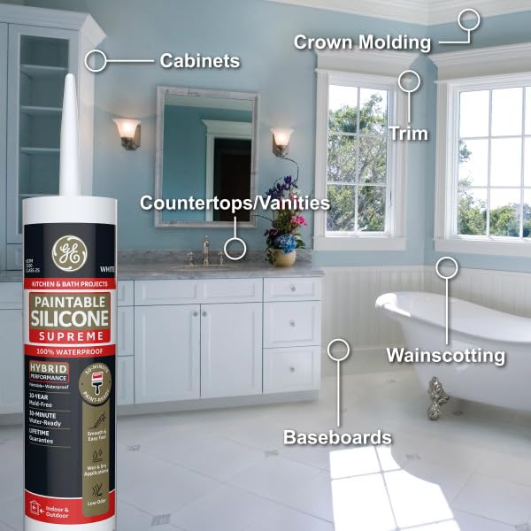 GE Supreme Paintable Silicone Caulk for Kitchen & Bathroom, White, 9.5 fl oz Cartridge, 100% Waterproof Silicone Sealant, 7X Stronger Adhesion, Shrink & Crack Proof - Image 3