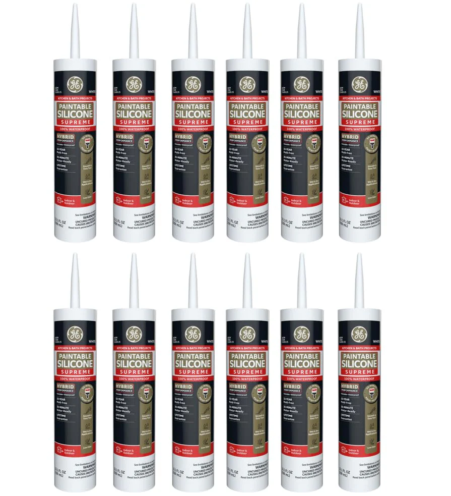 GE Supreme Paintable Silicone Caulk for Kitchen & Bathroom, White, 9.5 fl oz Cartridge, 100% Waterproof Silicone Sealant, 7X Stronger Adhesion, Shrink & Crack Proof (Pack of 12)