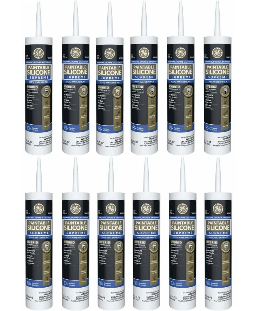 GE Supreme Paintable Silicone Caulk for Window & Door, White, 9.5 fl oz Cartridge, 100% Waterproof Silicone Sealant, 7X Stronger Adhesion, Freeze & Sun Proof (Pack of 12)