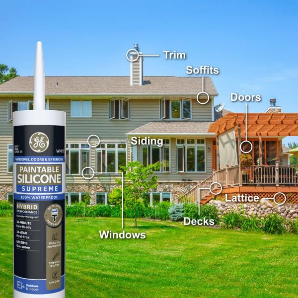 GE Supreme Paintable Silicone Caulk for Window & Door, White, 9.5 fl oz Cartridge, 100% Waterproof Silicone Sealant, 7X Stronger Adhesion, Freeze & Sun Proof (Pack of 12) - Image 3