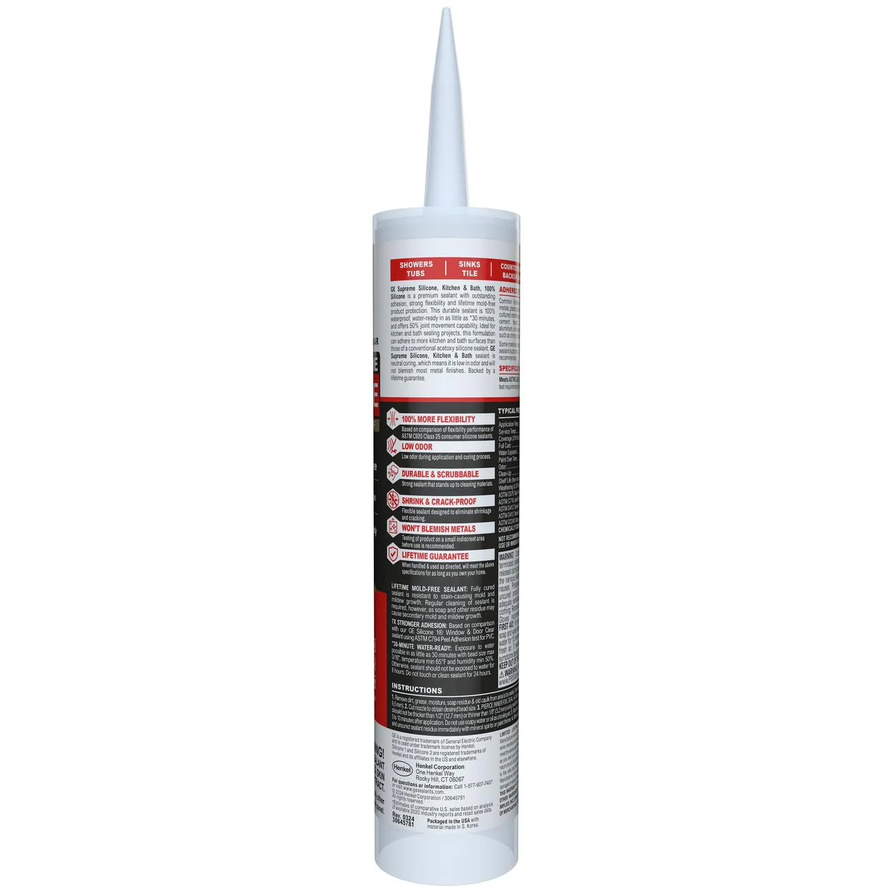 GE Supreme Silicone Caulk for Kitchen & Bathroom, Clear, 10 fl oz Cartridge, 100% Waterproof Silicone Sealant, 7X Stronger Adhesion, Shrink & Crack Proof (Pack of 1) - Image 2