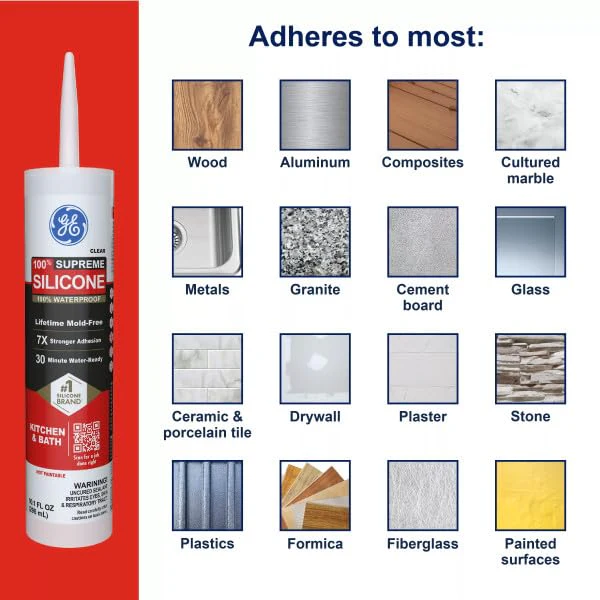 GE Supreme Silicone Caulk for Kitchen & Bathroom, Clear, 10 fl oz Cartridge, 100% Waterproof Silicone Sealant, 7X Stronger Adhesion, Shrink & Crack Proof (Pack of 1) - Image 4