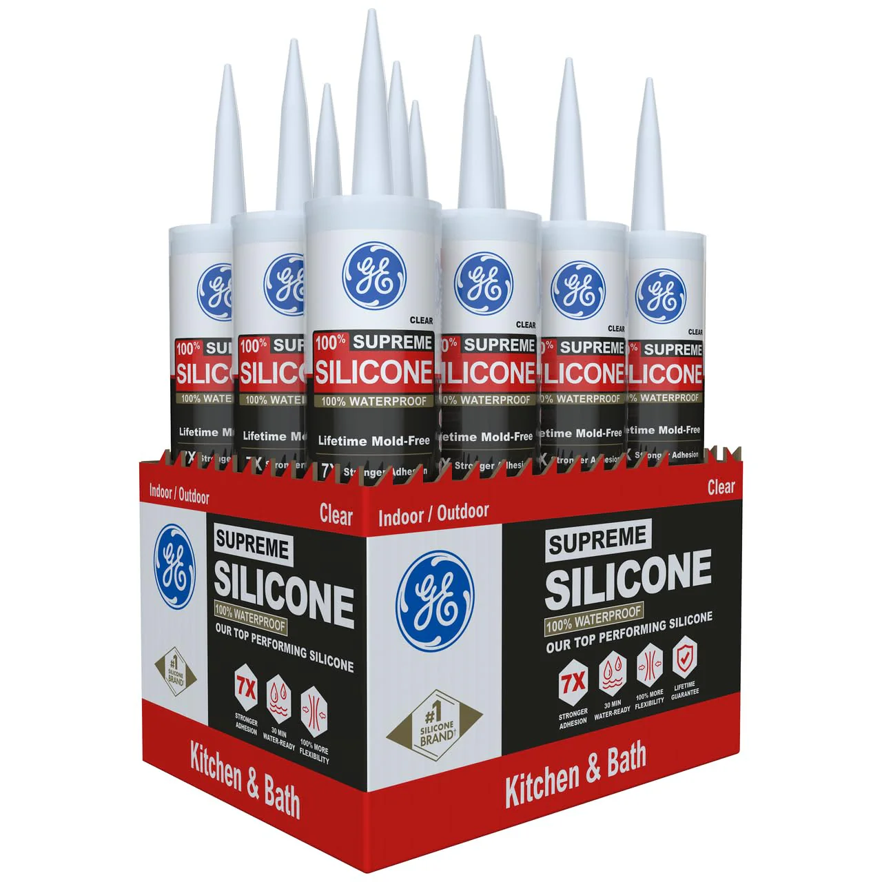 GE Supreme Silicone Caulk for Kitchen & Bathroom, Clear, 10 fl oz Cartridge, 100% Waterproof Silicone Sealant, 7X Stronger Adhesion, Shrink & Crack Proof (Pack of 12)