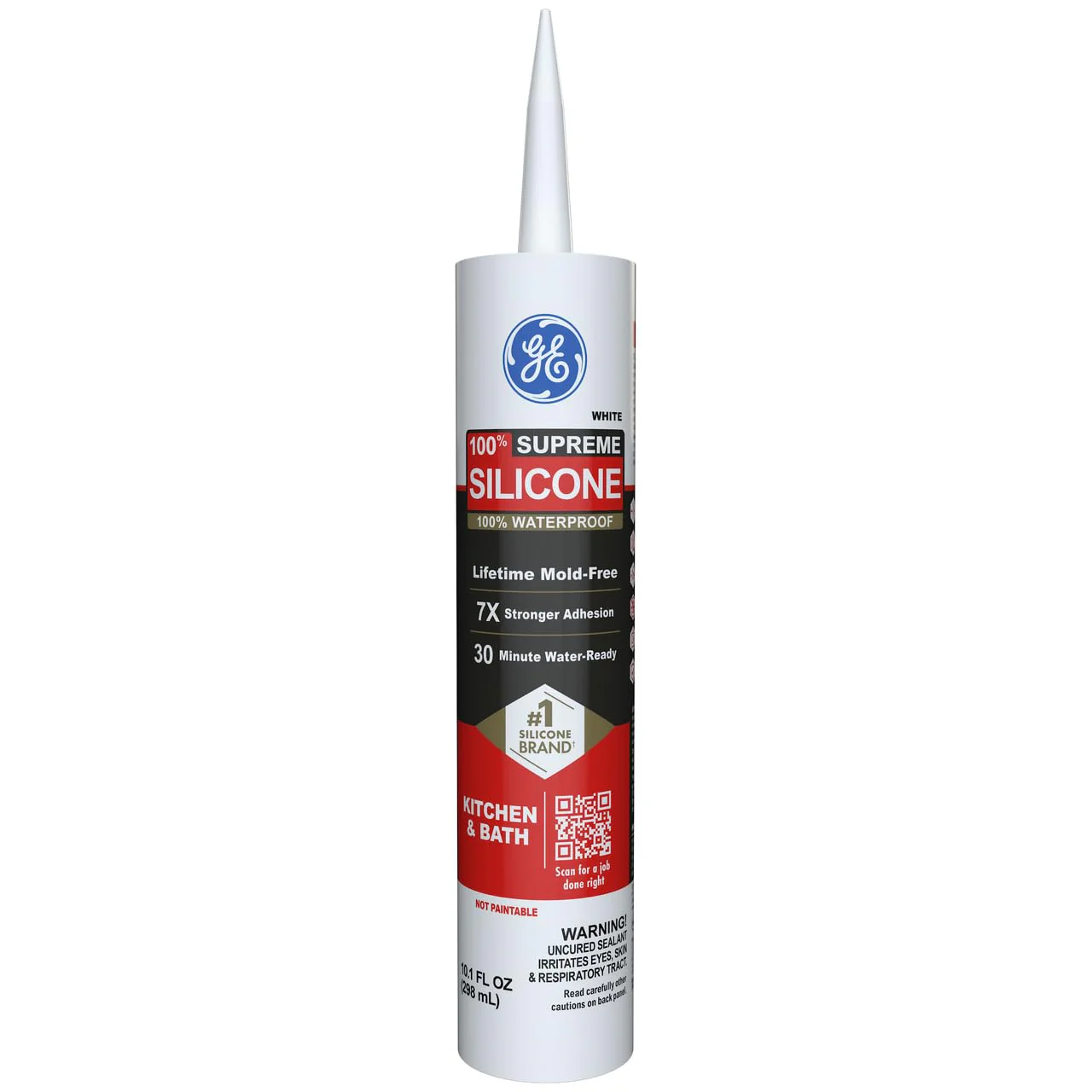 GE Supreme Silicone Caulk for Kitchen & Bathroom, White, 10 fl oz Cartridge - 100% Waterproof Silicone Sealant, 7X Stronger Adhesion, Shrink & Crack Proof (Pack of 1)