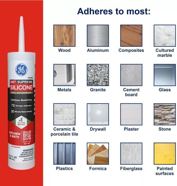 GE Supreme Silicone Caulk for Kitchen & Bathroom, White, 10 fl oz Cartridge - 100% Waterproof Silicone Sealant, 7X Stronger Adhesion, Shrink & Crack Proof (Pack of 1) - Image 4
