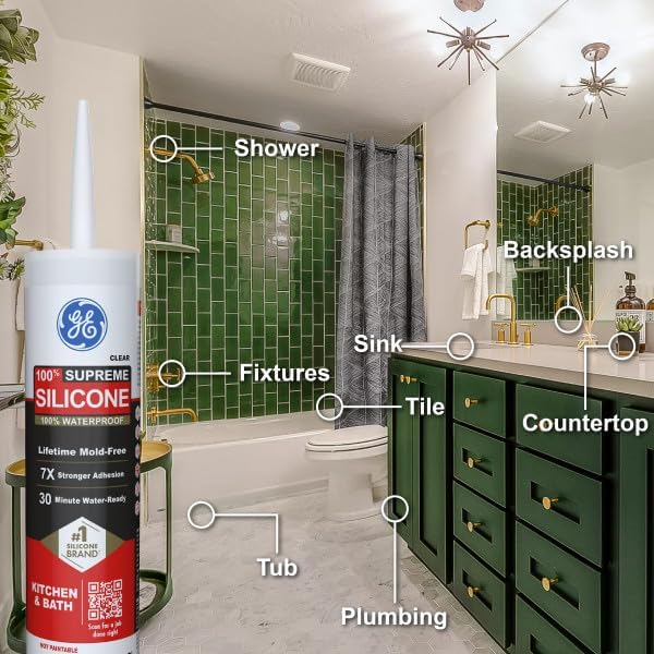 GE Supreme Silicone Caulk for Kitchen & Bathroom, White, 10 fl oz Cartridge - 100% Waterproof Silicone Sealant, 7X Stronger Adhesion, Shrink & Crack Proof (Pack of 1) - Image 5