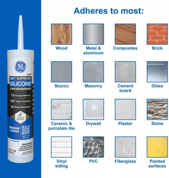 GE Supreme Silicone Caulk for Window & Door, Clear, 10 fl oz Cartridge, 100% Waterproof Silicone Sealant, 7X Stronger Adhesion, Shrink & Crack Proof (Pack of 12) - Image 5