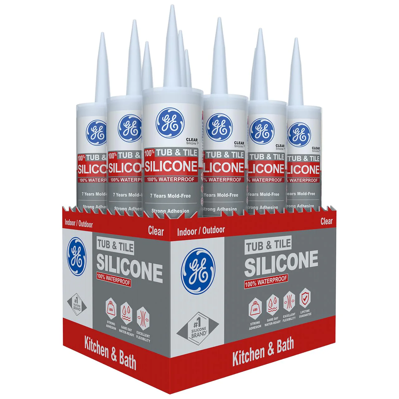 GE Tub and Tile Silicone Caulk for Kitchen and Bathroom, 100% Waterproof Silicone Paste, Excellent Flexibility, Shrink and Crack Resistant, 10oz Cartridge, Clear (Pack of 12)