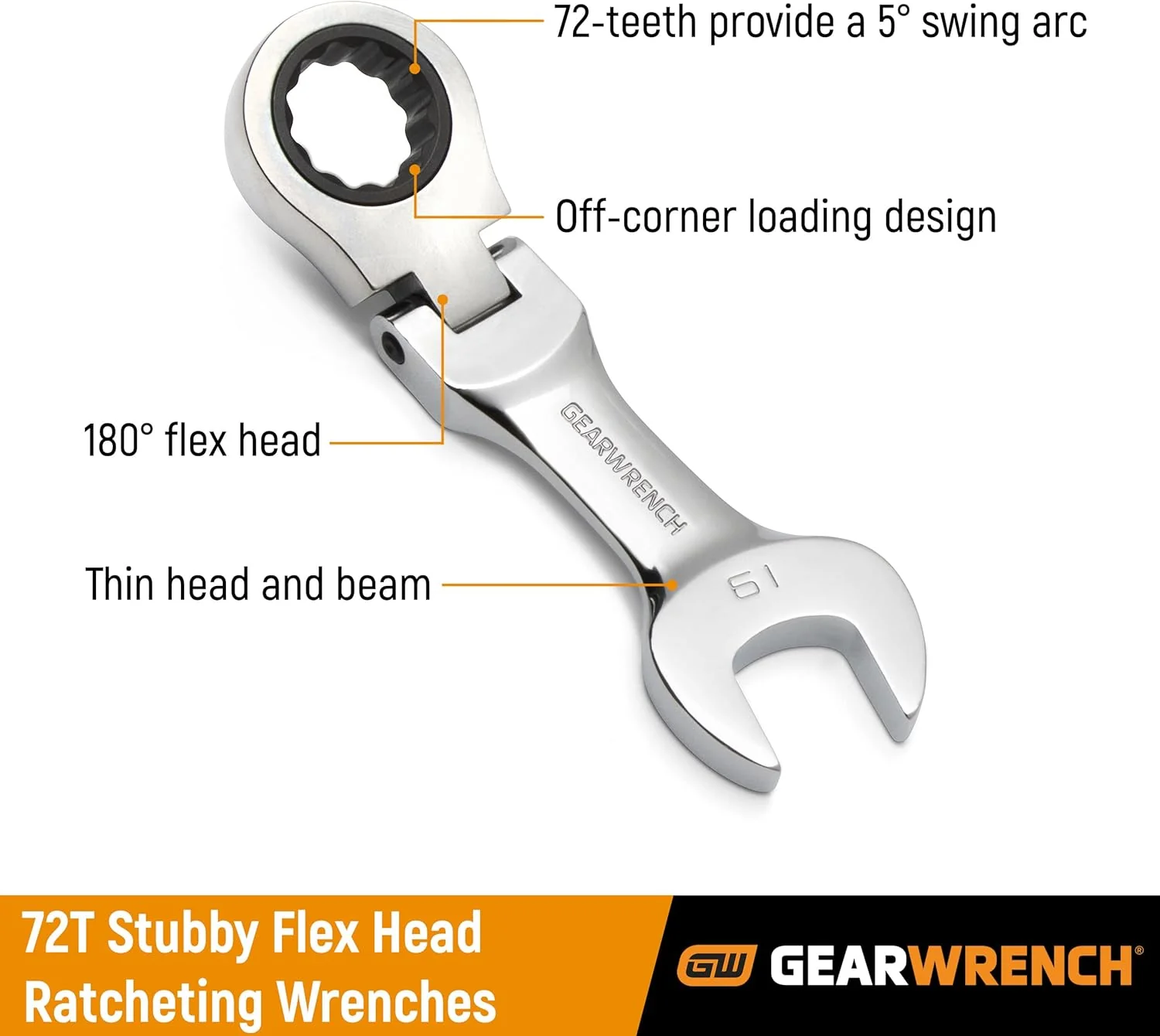 GEARWRENCH 10 Pc. 12 Pt. Stubby Flex Head Ratcheting Combination Wrench Set, Metric - 9550 - Image 6