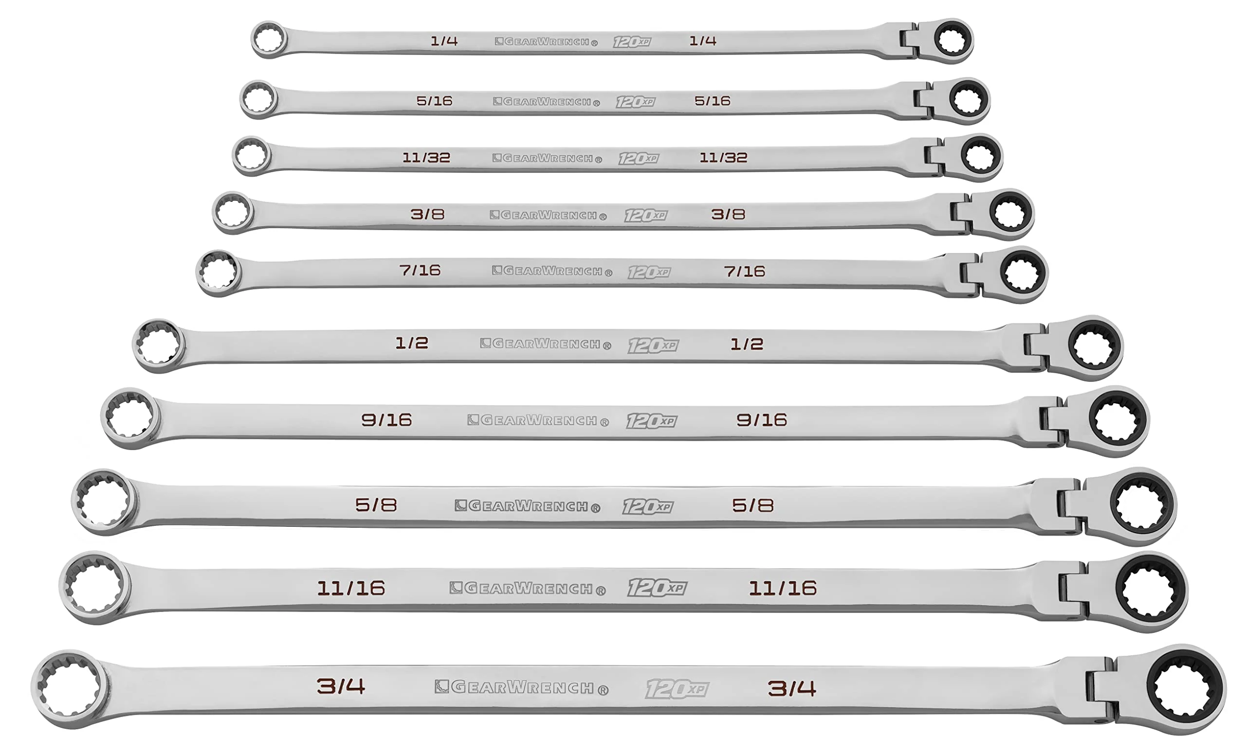 GEARWRENCH 86142 10 Pc. 120XP Universal Spline XL Flex Head GearBox Ratcheting SAE Wrench Set