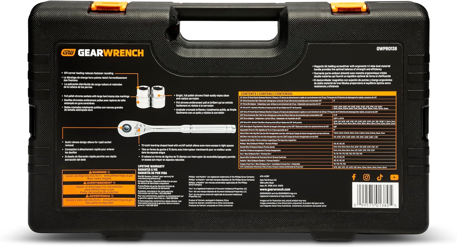 GEARWRENCH GWPRO138 138 Piece 1/4" & 3/8" Drive 72-Tooth 6 Point Professional Tool Set - Image 4