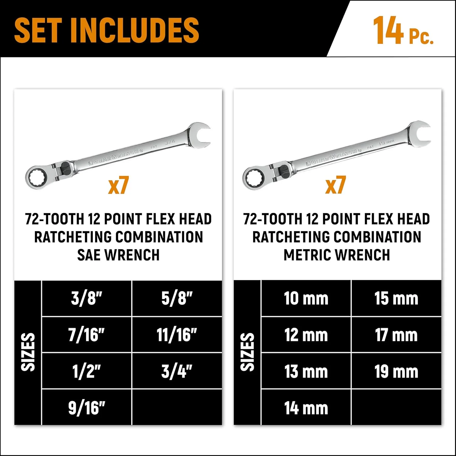 GEARWRENCH 14 Pc. 12 Pt. Flex Head Ratcehting Combination Wrench Set, SAE/Metric - 85141 14 Pc With Tray SAE/Metric - Image 3
