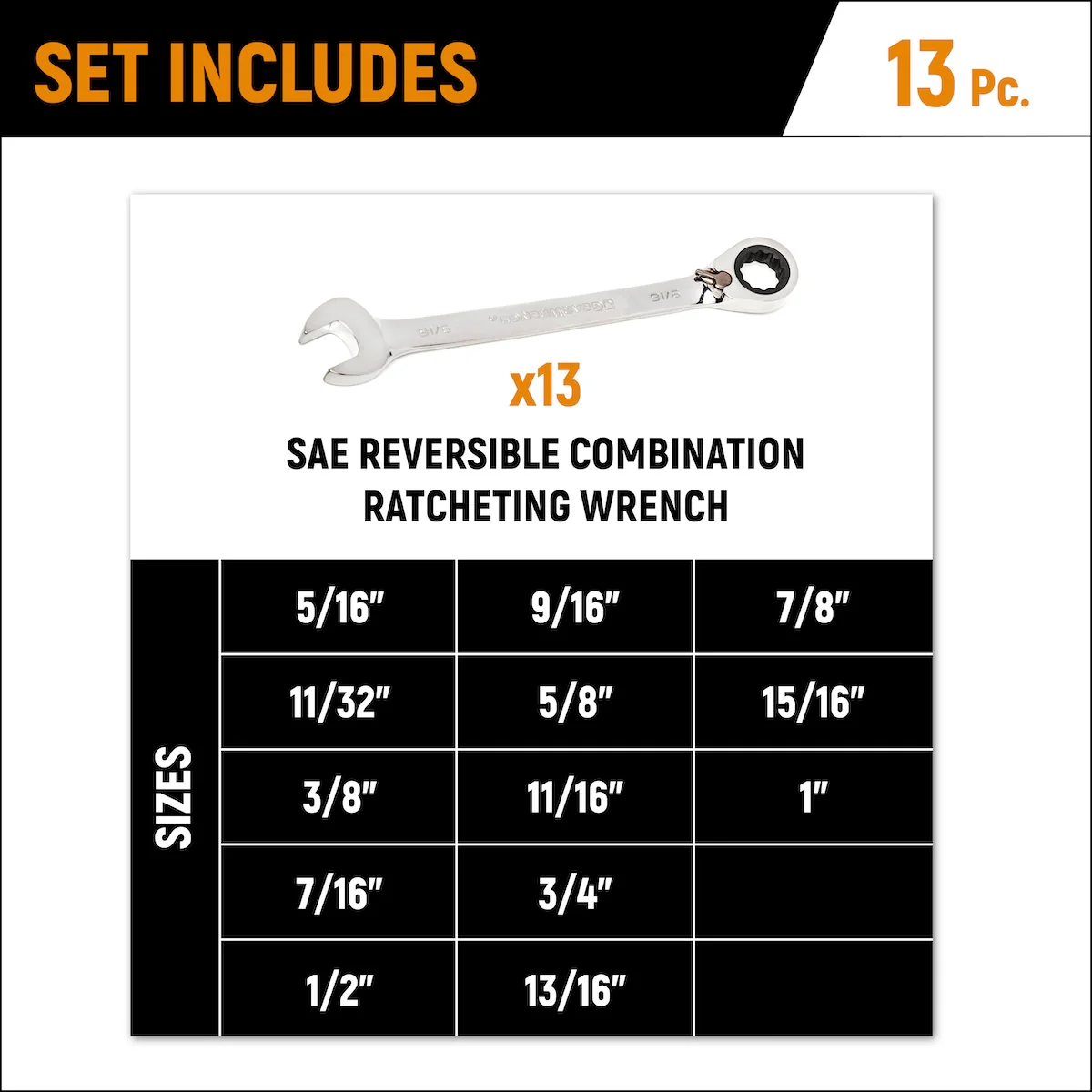 GEARWRENCH 9509N 13 Piece 72-Tooth 12 Point Reversible Ratcheting Combination SAE Wrench Set - Image 2