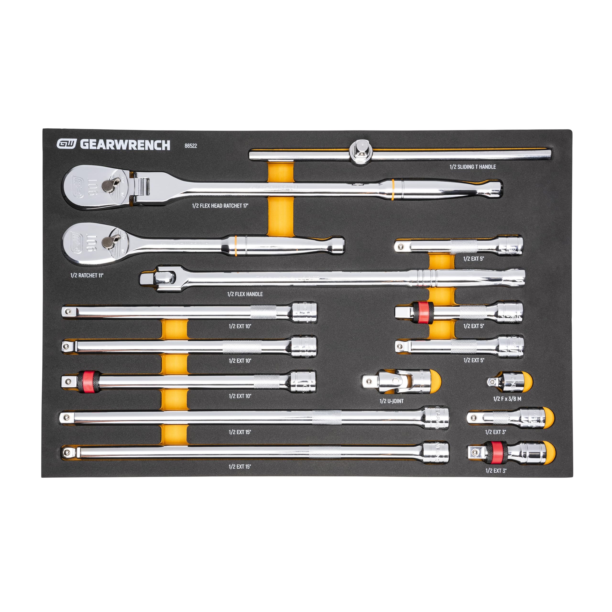 GEARWRENCH 86522 16 Piece 1/2" 90T Ratchet & Drive Tool Set with EVA Foam Tray