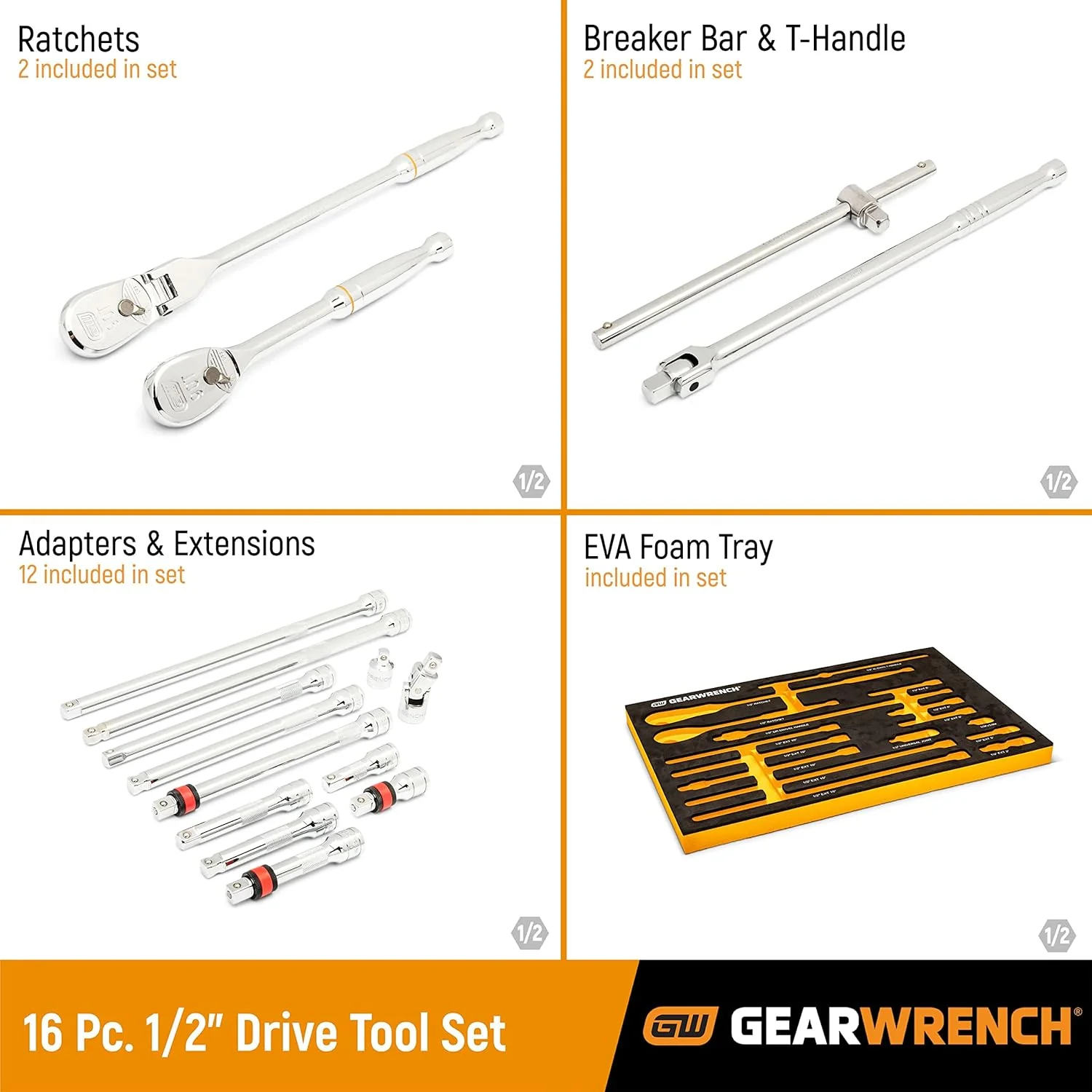 GEARWRENCH 86522 16 Piece 1/2" 90T Ratchet & Drive Tool Set with EVA Foam Tray - Image 2