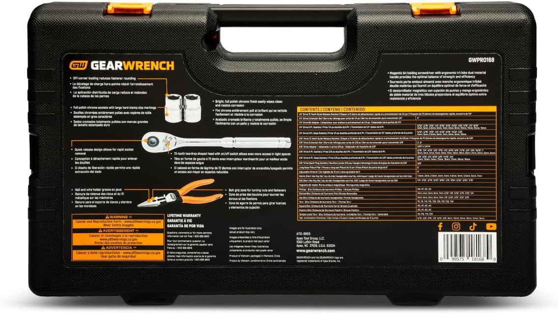 GEARWRENCH GWPRO168 168 Piece 1/4" & 3/8" Drive 72-Tooth 6 Point Professional Tool Set - Image 3