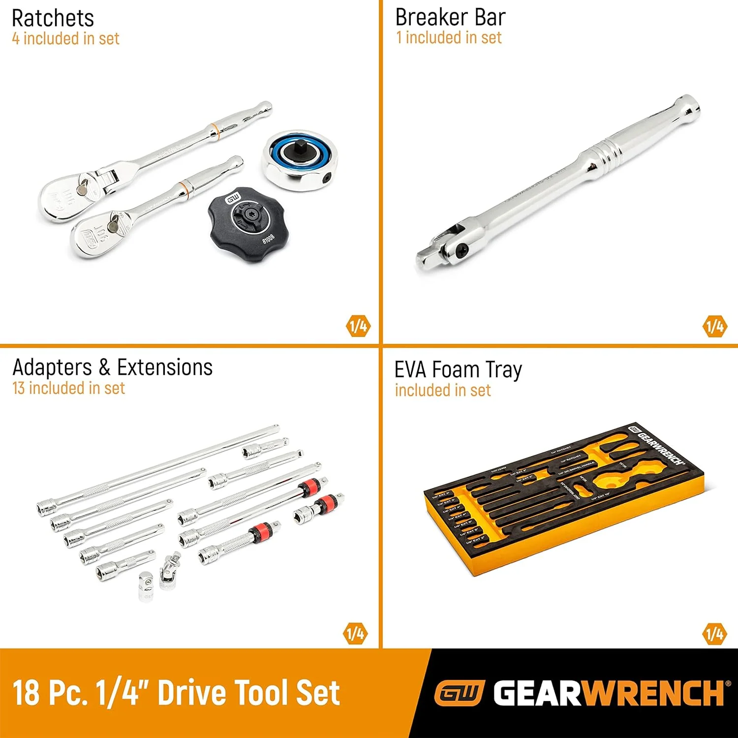 GEARWRENCH 86520 18 Piece 1/4" 90T Ratchet & Drive Tool Set with EVA Foam Tray - Image 2