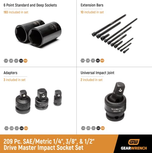 GEARWRENCH 209 Piece SAE/Metric 1/4", 3/8", & 1/2" Drive Master Impact Socket Set - 89072 - Image 3