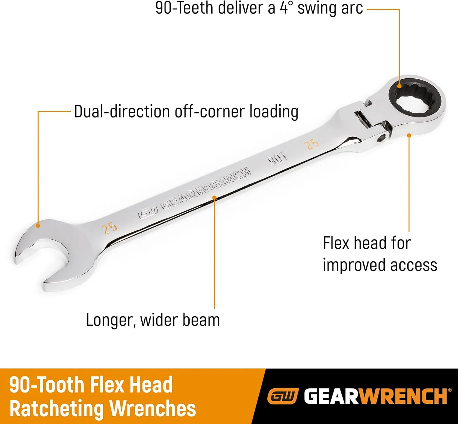 GEARWRENCH (86722) 22mm 4 Degree Swing Arch 12 Point Flex Head Ratcheting Combination Wrench - Image 2