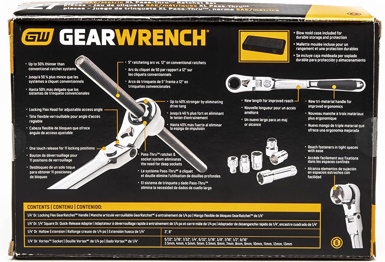 GEARWRENCH 27 Pc. 1/4" Drive 6 Pt. Pass-Thru Mechanics Tool Set, Standard SAE/Metric - 891427 42373 891427 - Image 10