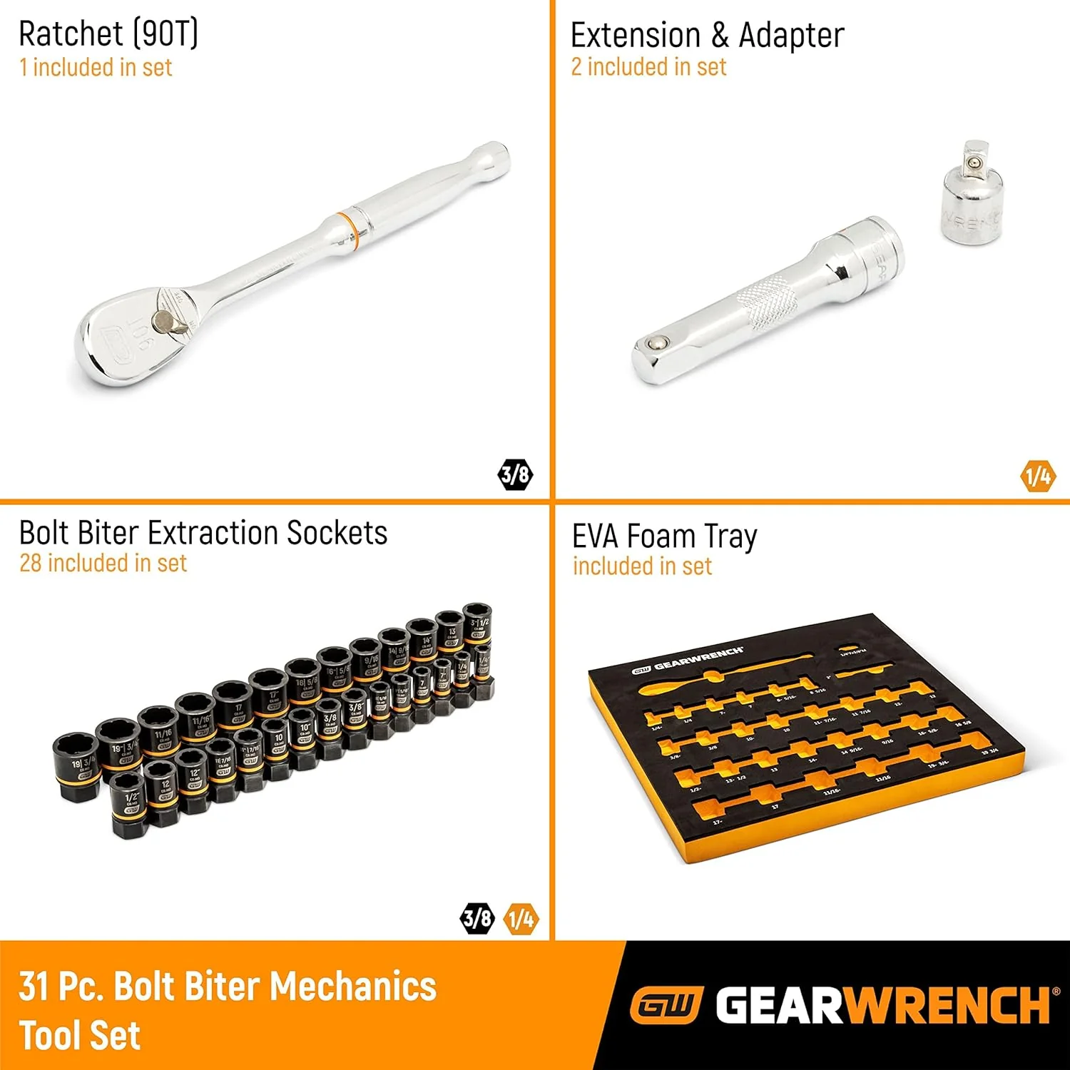 GEARWRENCH 86525 31 Piece Bolt Biter Ratchet Socket Set MM/SAE with EVA Foam Tray - Image 2