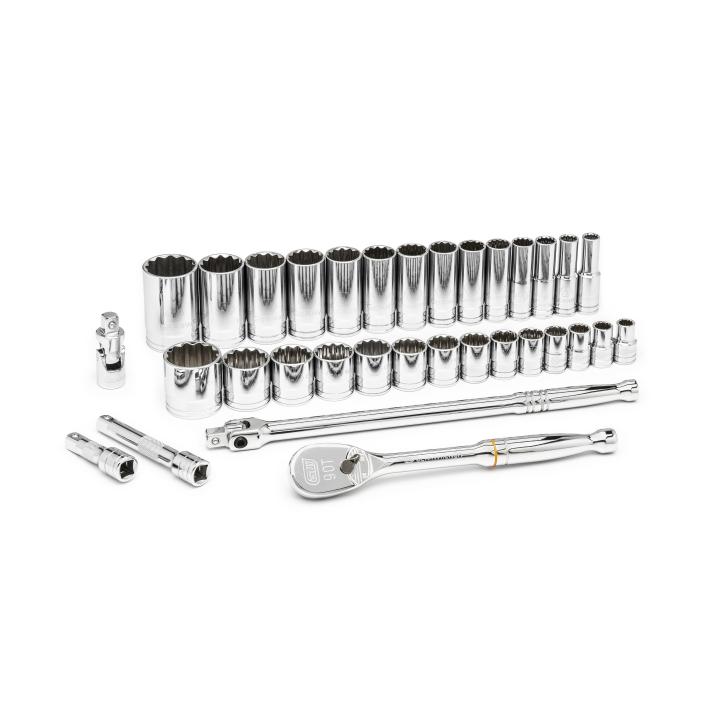 GEARWRENCH 33 Pc. 1/2" Drive 12 Pt. Mechanics Tool Set, Standard & Deep, SAE - 80714D