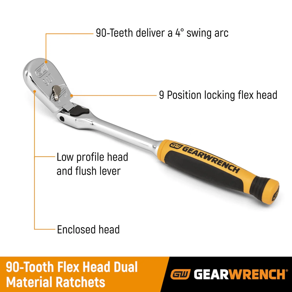 GEARWRENCH 81298T 3 Pc. 1/4", 3/8" & 1/2" Drive 90 Tooth Dual Material Locking Flex Head Ratchet Set - Image 7