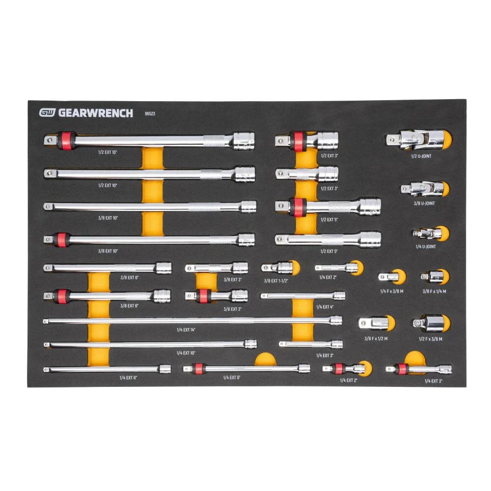 GEARWRENCH 29 Piece 1/4", 3/8", 1/2" Drive Chrome Tool Accessories Set with EVA Foam Tray - 86523