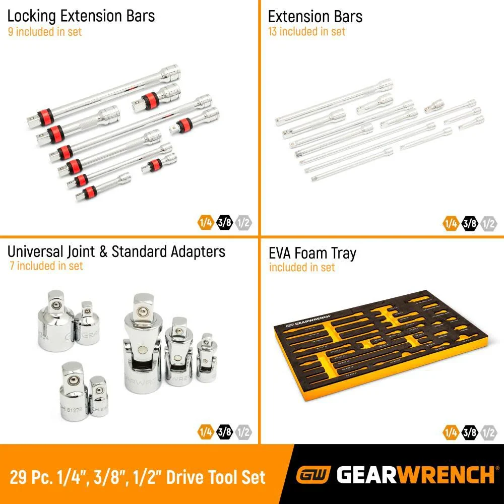 GEARWRENCH 29 Piece 1/4", 3/8", 1/2" Drive Chrome Tool Accessories Set with EVA Foam Tray - 86523 - Image 13