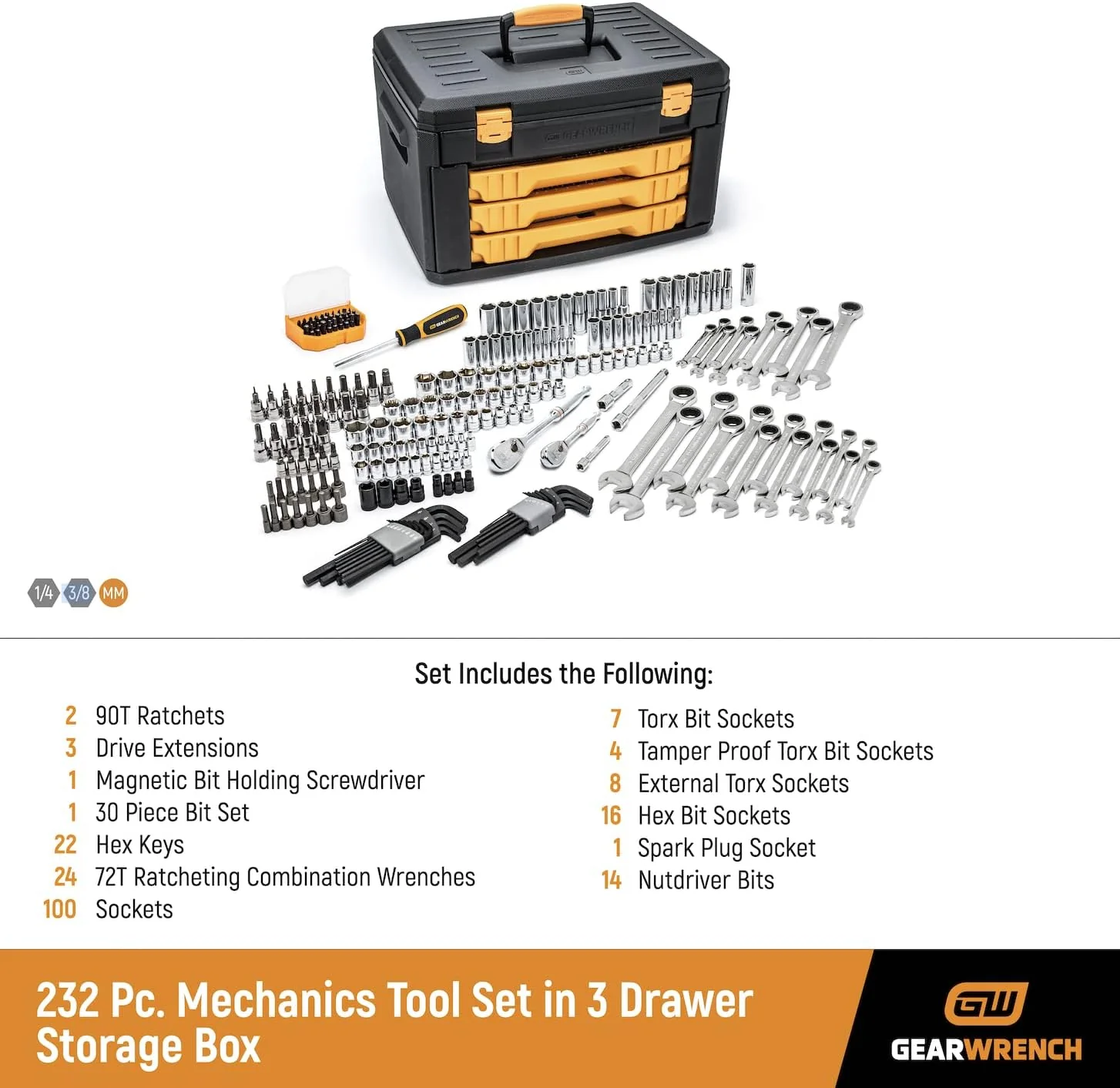 GEARWRENCH 80944 Mechanics Tool Set in 3 Drawer Storage Box, 232 Piece - Image 4