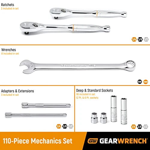 GEARWRENCH 110 Pc. 1/4", 3/8" & 1/2" Drive 6 & 12 Pt. Mechanics Tool Set, Standard & Deep, SAE/Metric - 89058 - Image 2