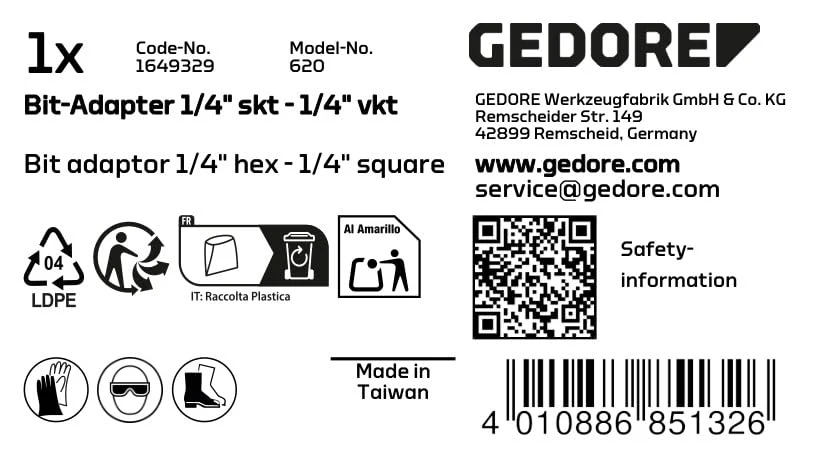 Gedore 620 Bit Adaptor, 1/4" Square to 1/4" Hex - Image 6