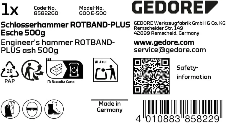 GEDORE - 8582260 600 E-500 Engineers' Hammer ROTBAND-Plus 500 g - Image 8