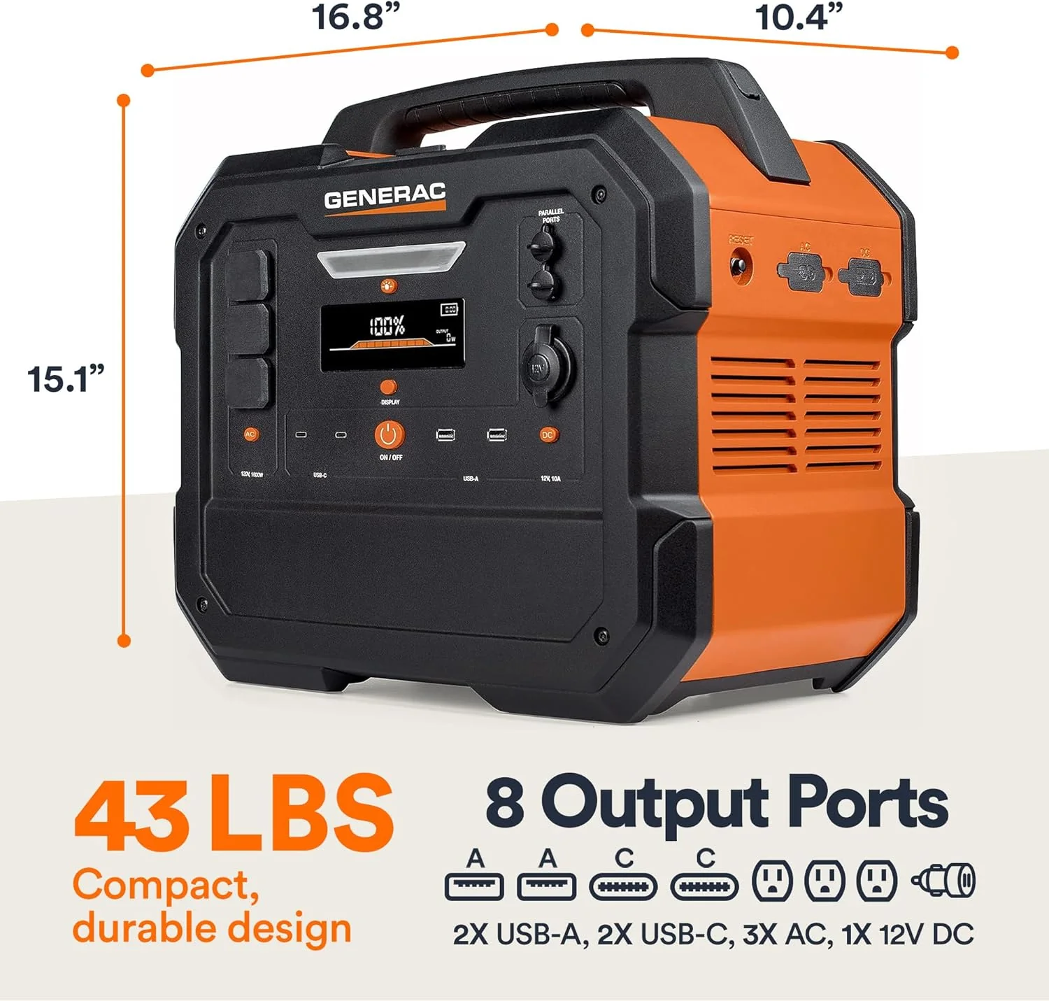 Generac 2106Wh Portable Power Station with Lithium-Ion Battery - Clean, Emission-Free Power - Wirless Charging Pad and Compact Design - Camping, RV, Indoor/Outdoor Use - Orange/Black - Image 8