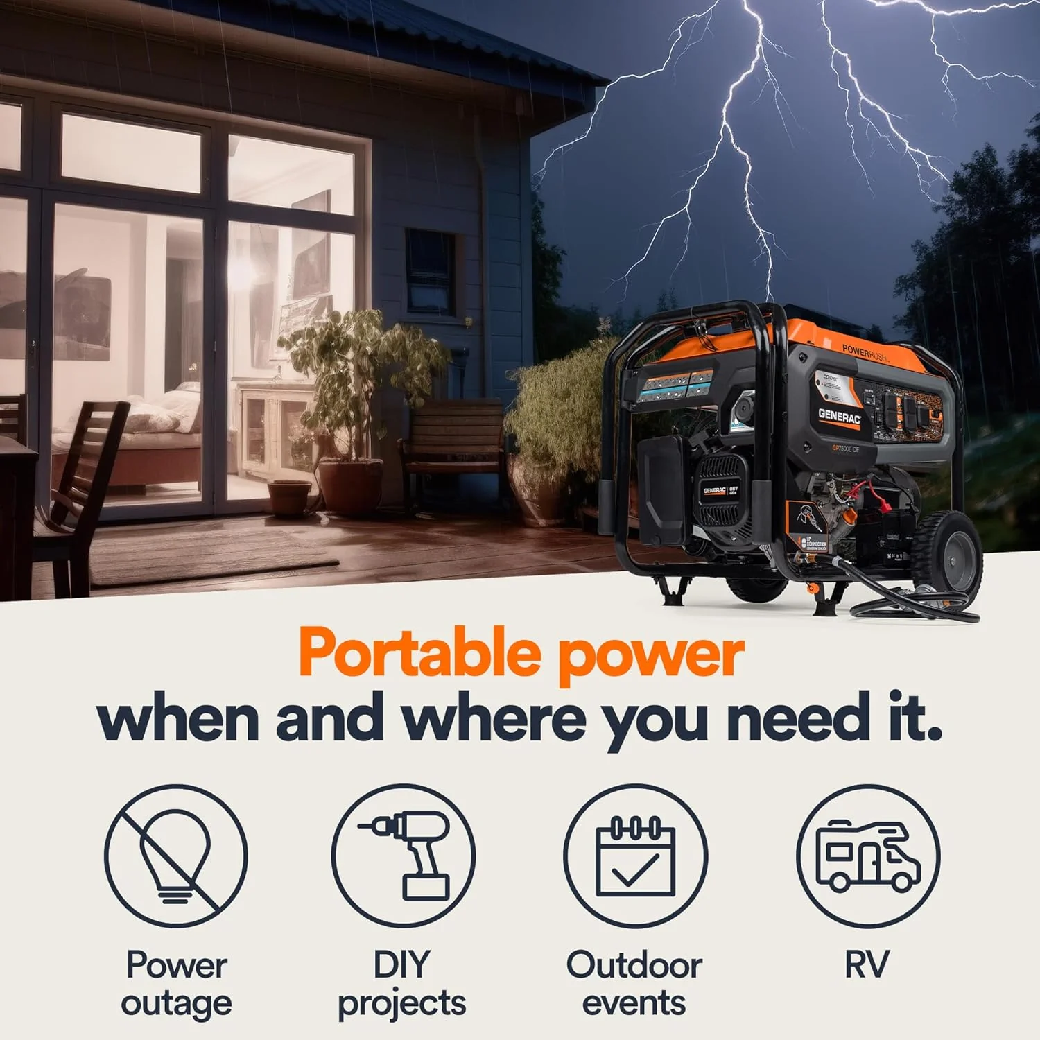 Generac 8011 GP7500E 7,500-Watt Dual-Fuel Compatible Portable Generator, Gas and Propane, COsense Technology with Electric Start, Powerrush Advanced Technology - Image 2