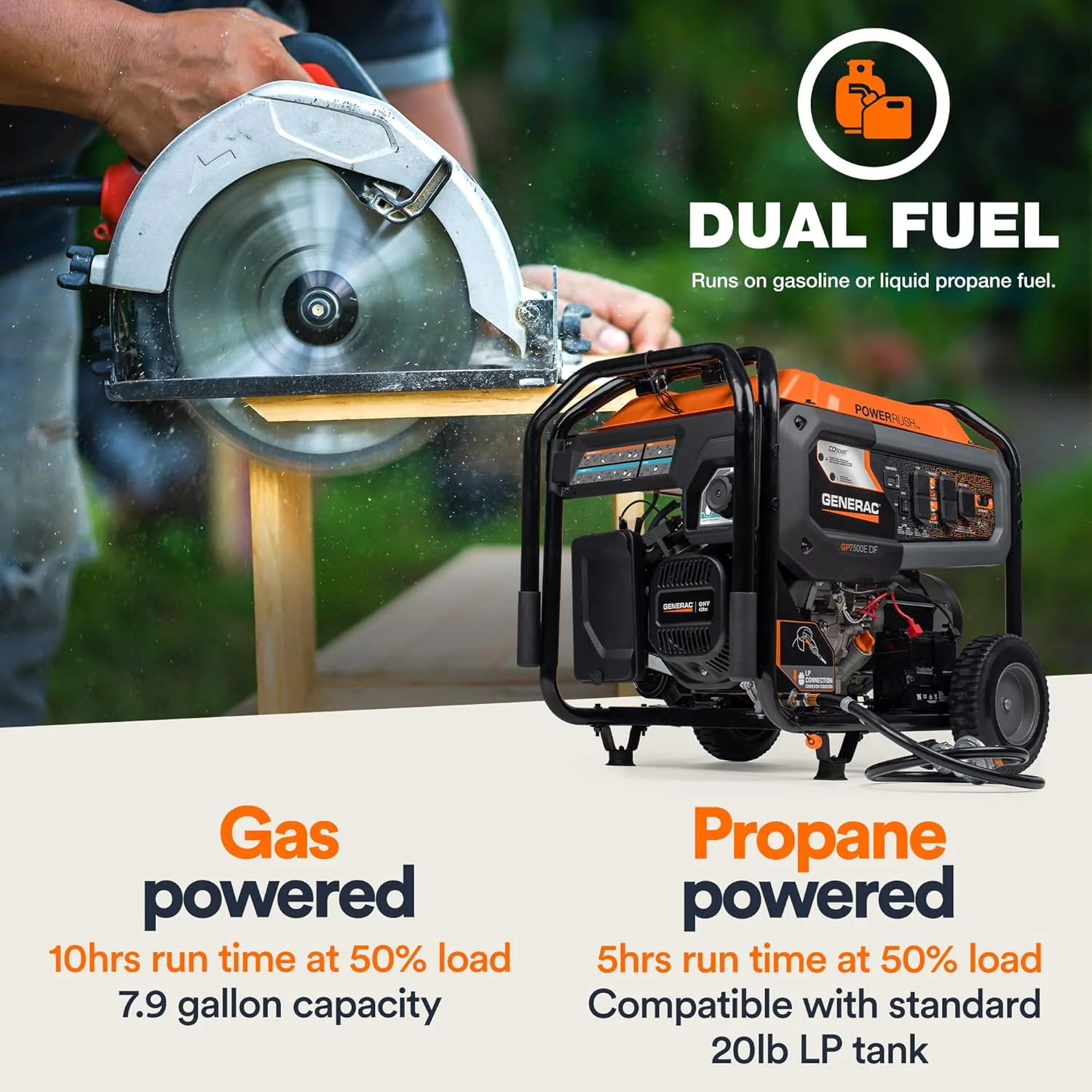 Generac 8011 GP7500E 7,500-Watt Dual-Fuel Compatible Portable Generator, Gas and Propane, COsense Technology with Electric Start, Powerrush Advanced Technology - Image 4