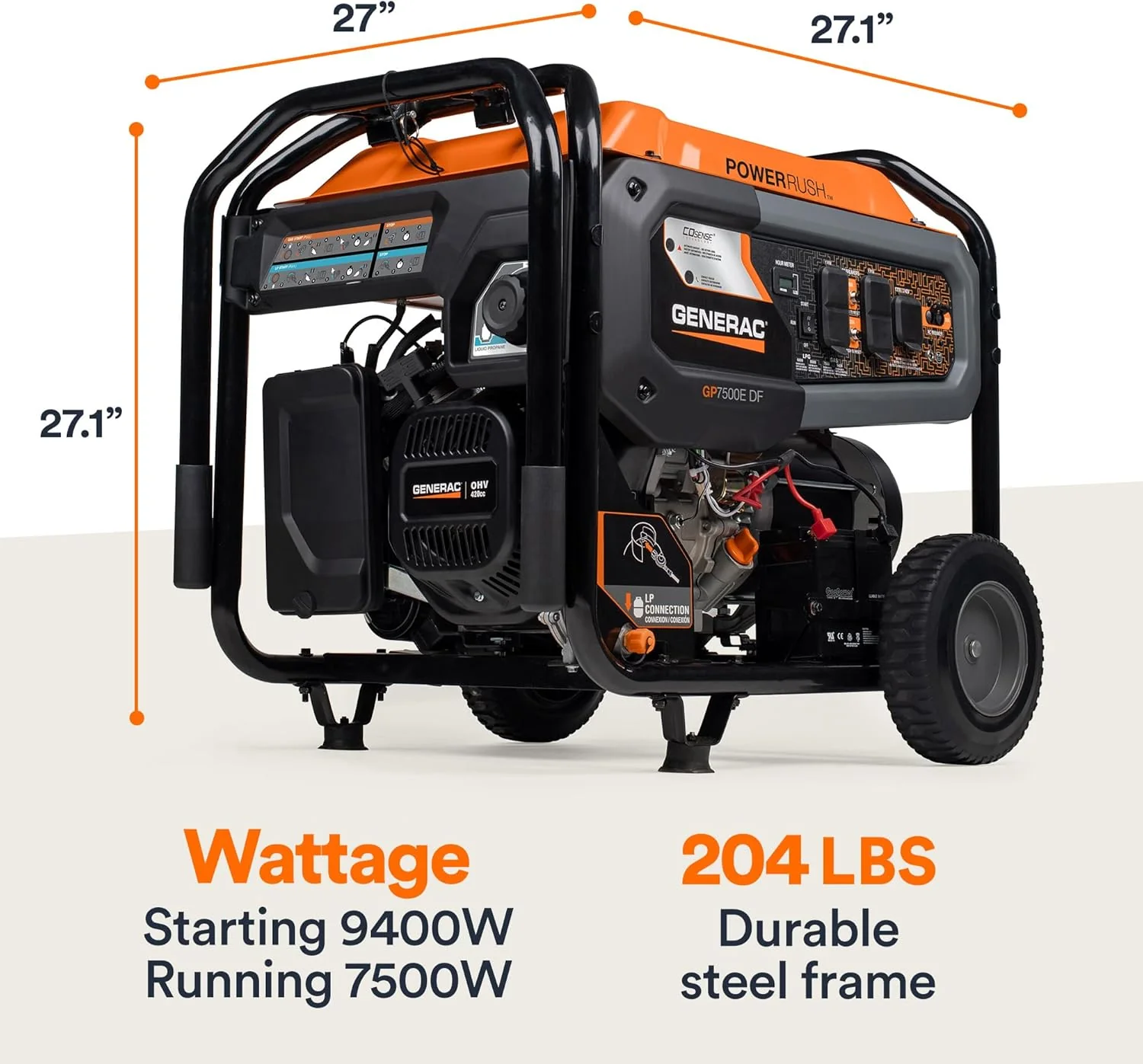 Generac 8011 GP7500E 7,500-Watt Dual-Fuel Compatible Portable Generator, Gas and Propane, COsense Technology with Electric Start, Powerrush Advanced Technology - Image 6
