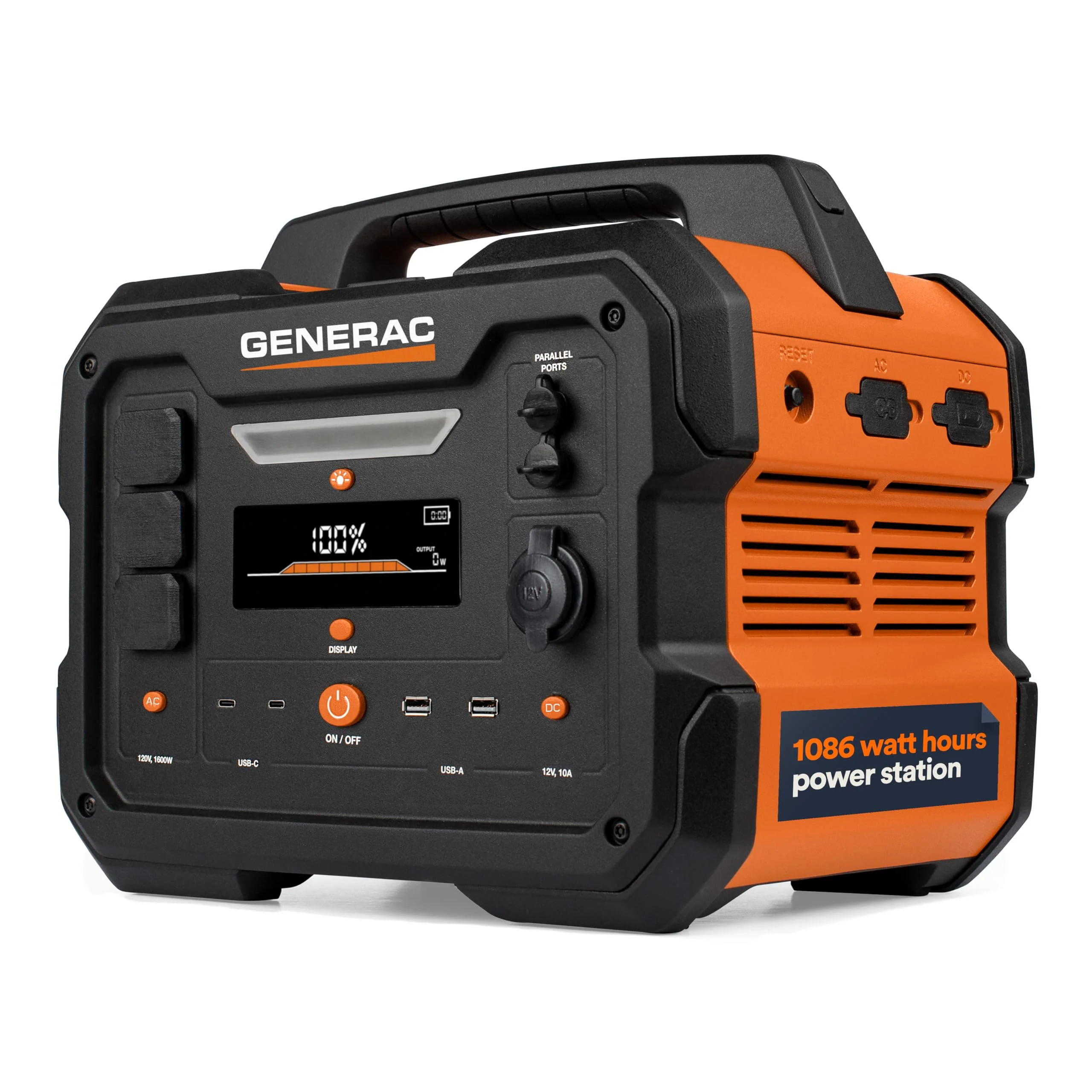 Generac (8025) GB1000 1086Wh Portable Power Station with Lithium-Ion Battery, Clean Emission-Free Power - Wireless Charging Pad and Compact Design, Camping, RV, Indoor/Outdoor Use, Orange/Black