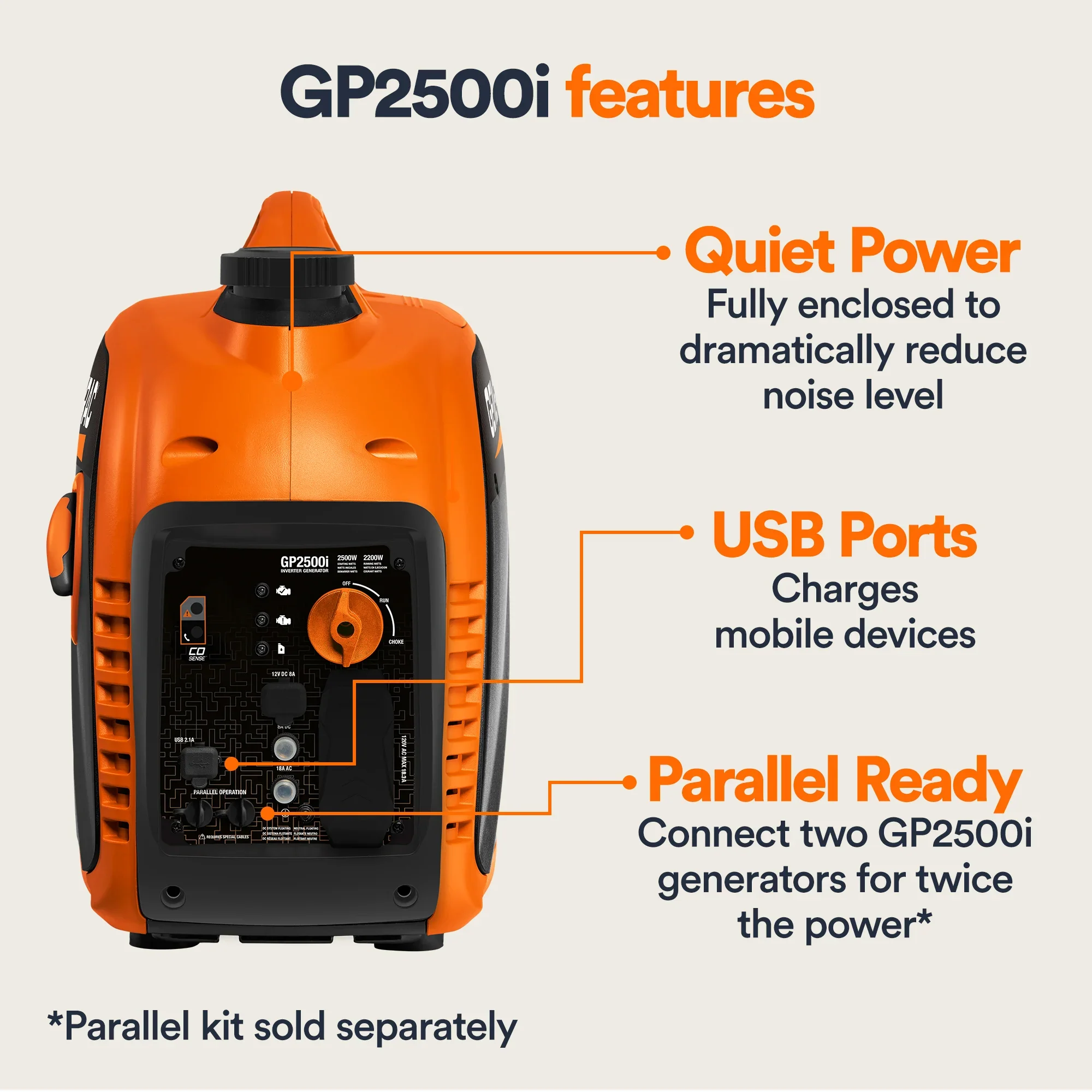 Generac 82512 Gas Powered 49-State Portable Inverter Generator with COsense Technology, 2,500 Watt - Image 5