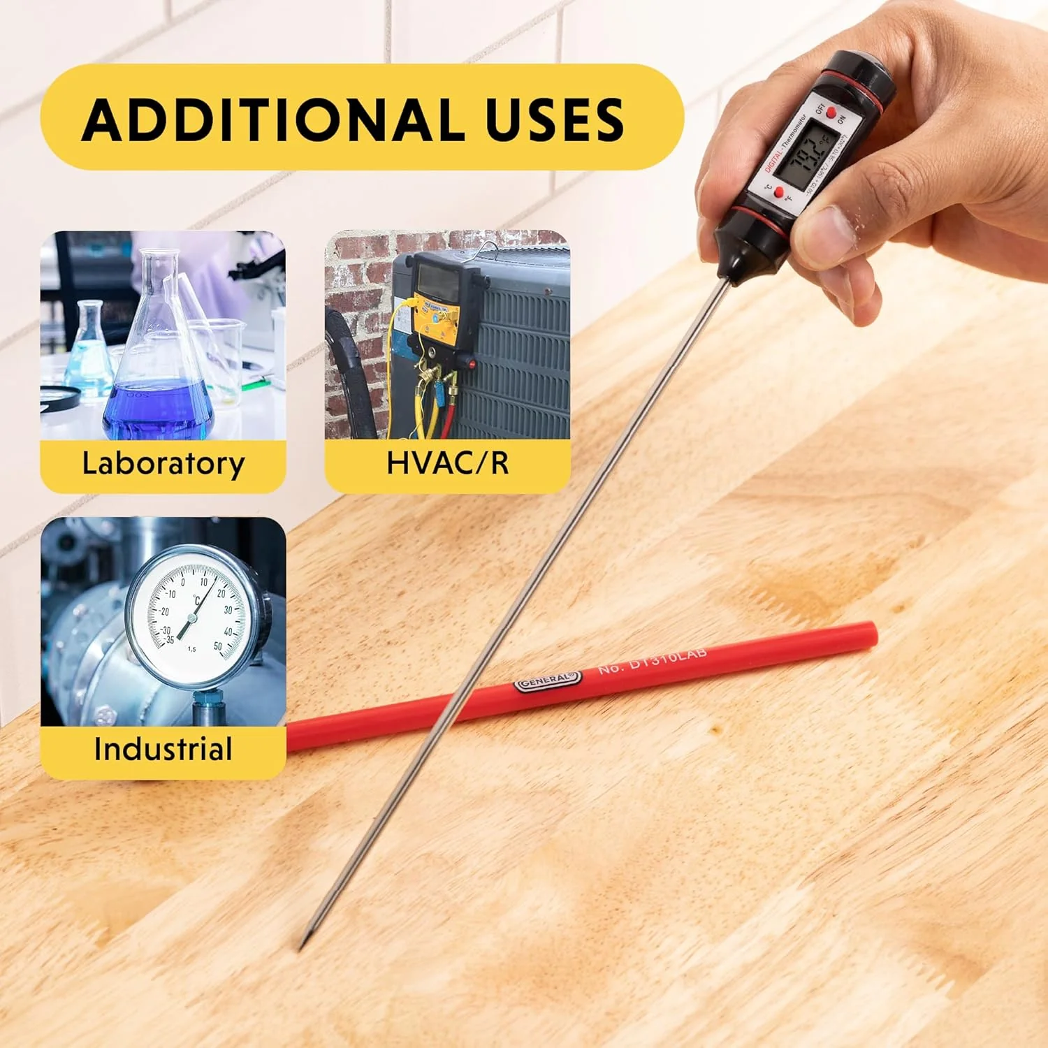 General Tools DT310LAB Digital Thermometer, 8 Inch Extra Long Stainless Steel Probe, -58 to 302 degrees Fahrenheit (-50 to 150 degrees Celsius) Range with High and Low Alarms, Auto-Off - Image 2