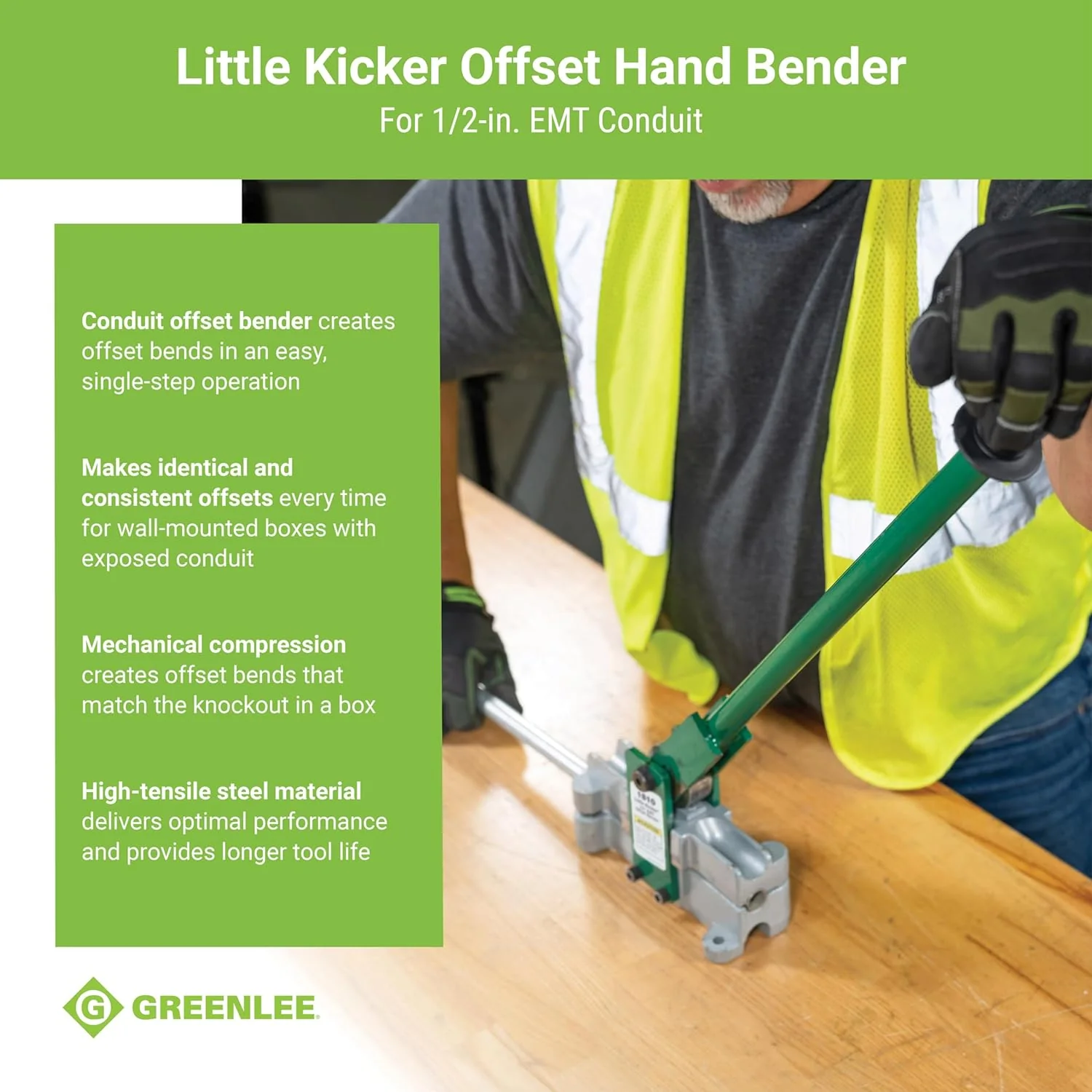 Greenlee 1810 Little Kicker Offset Hand Bender for 1/2" EMT Conduit, Silver/Green - Image 4