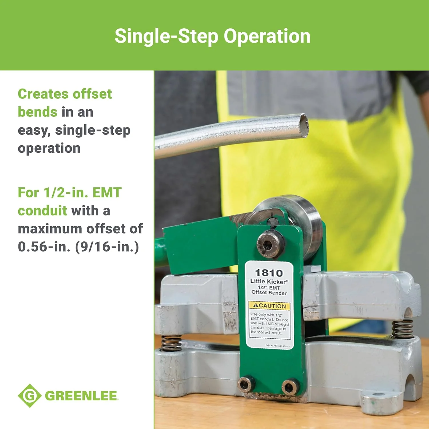 Greenlee 1810 Little Kicker Offset Hand Bender for 1/2" EMT Conduit, Silver/Green - Image 5