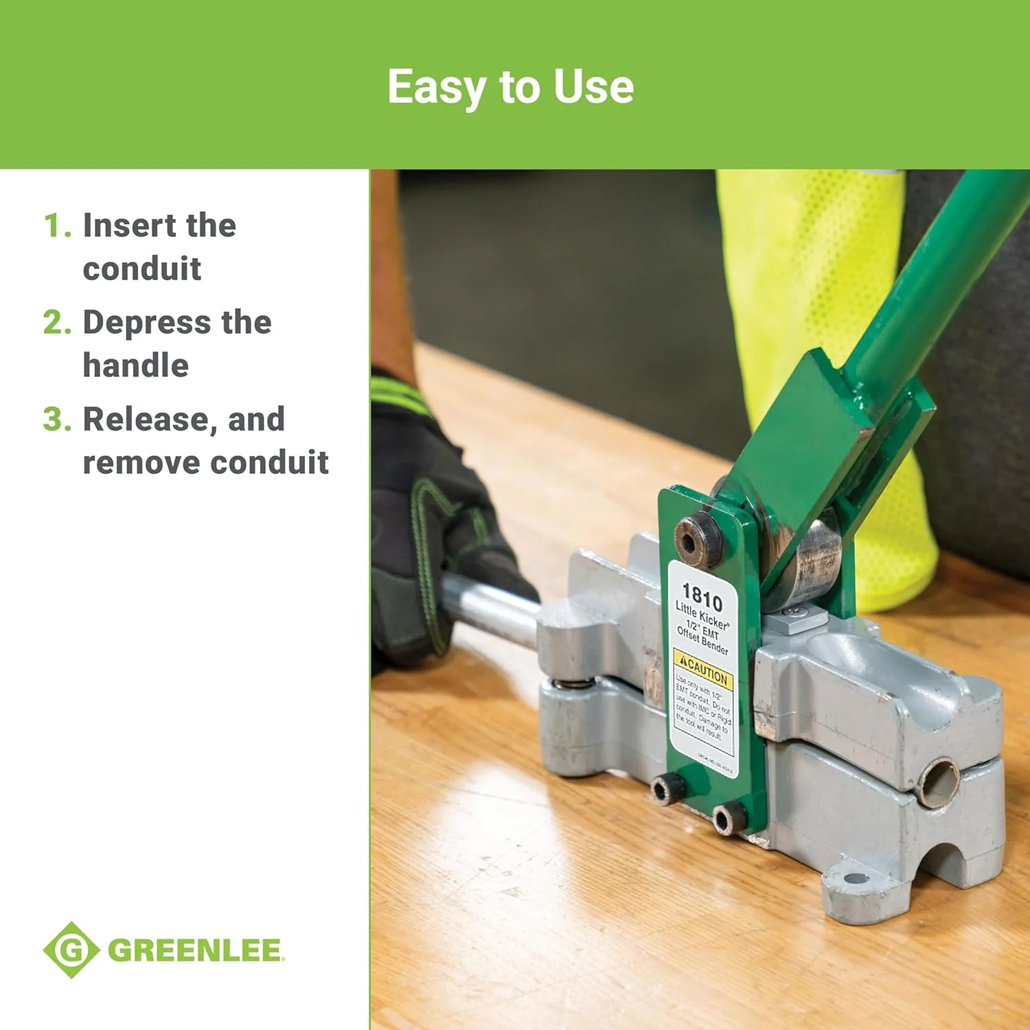 Greenlee 1810 Little Kicker Offset Hand Bender for 1/2" EMT Conduit, Silver/Green - Image 6