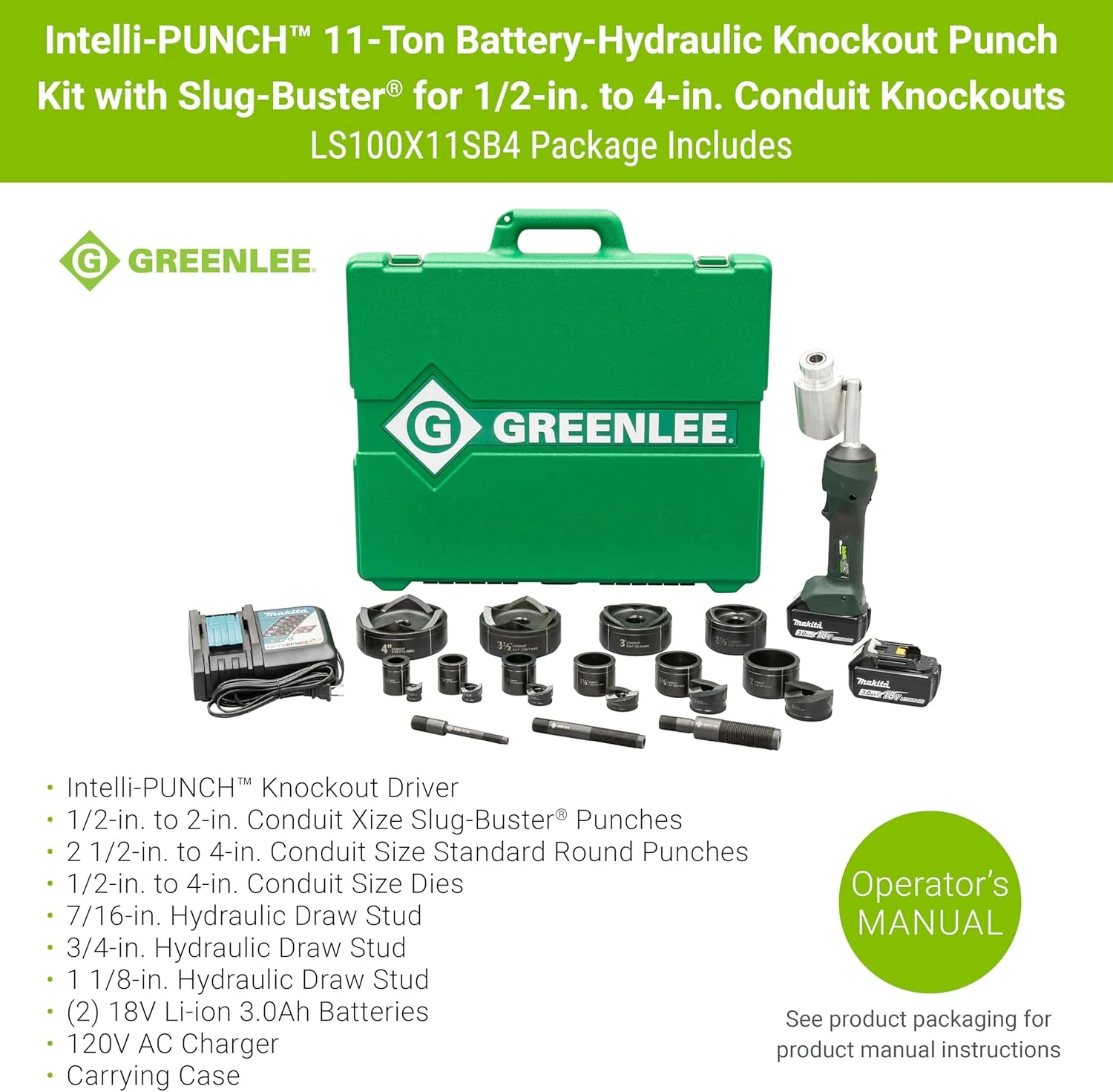 Greenlee LS100X11SB4 Intelli-PUNCH 11-Ton Battery-Hydraulic Knockout Punch Kit with Slug-Buster, 1/2" - 4" - Image 2