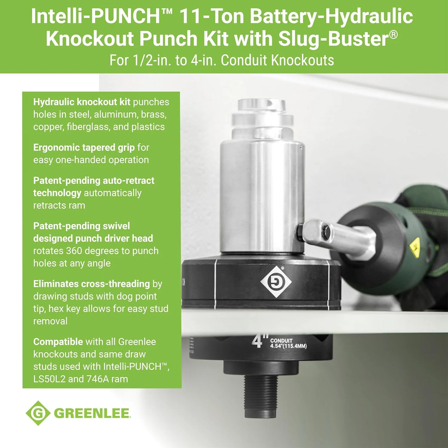 Greenlee LS100X11SB4 Intelli-PUNCH 11-Ton Battery-Hydraulic Knockout Punch Kit with Slug-Buster, 1/2" - 4" - Image 3