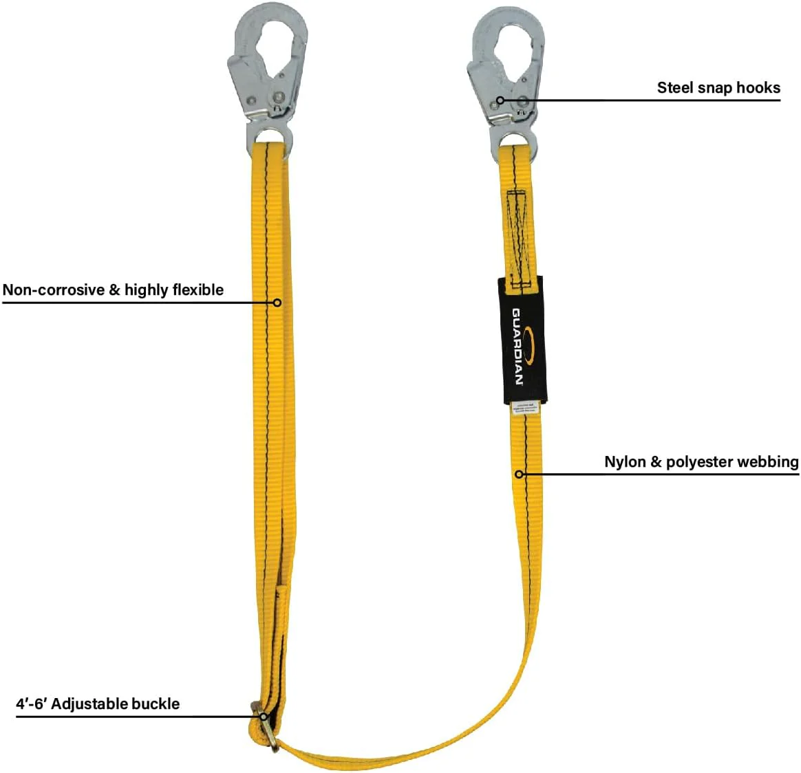 Guardian Fall Protection 01280 AWL4-6 Adjustable Non-Shock Absorbing Lanyard from 4-Feet to 6-Feet , Yellow 4' to 6' Non-Shock Adjustable Single Leg/Steel Snap Hook End - Image 3