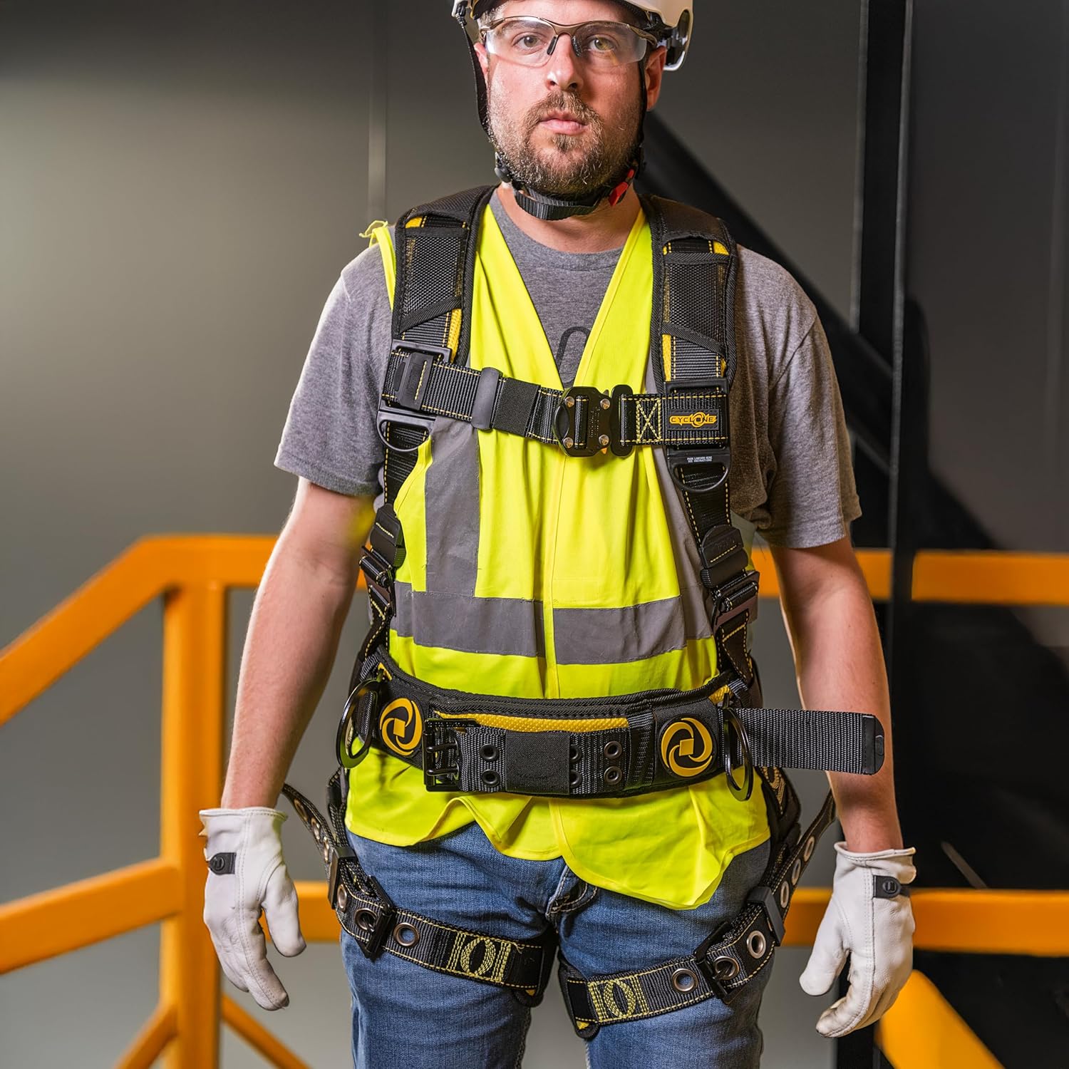 Guardian 21030 Cyclone Construction Harness with Waist Pad - Side D-Rings - OSHA & ANSI Compliant - Black/Yellow - Medium/Large Harness - Image 5
